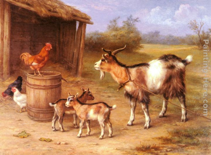 A Farmyard scene with goats and chickens painting - Edgar Hunt A Farmyard scene with goats and chickens art painting